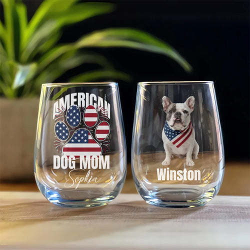American Dog Mom Wine Glass Personalized with Bandana