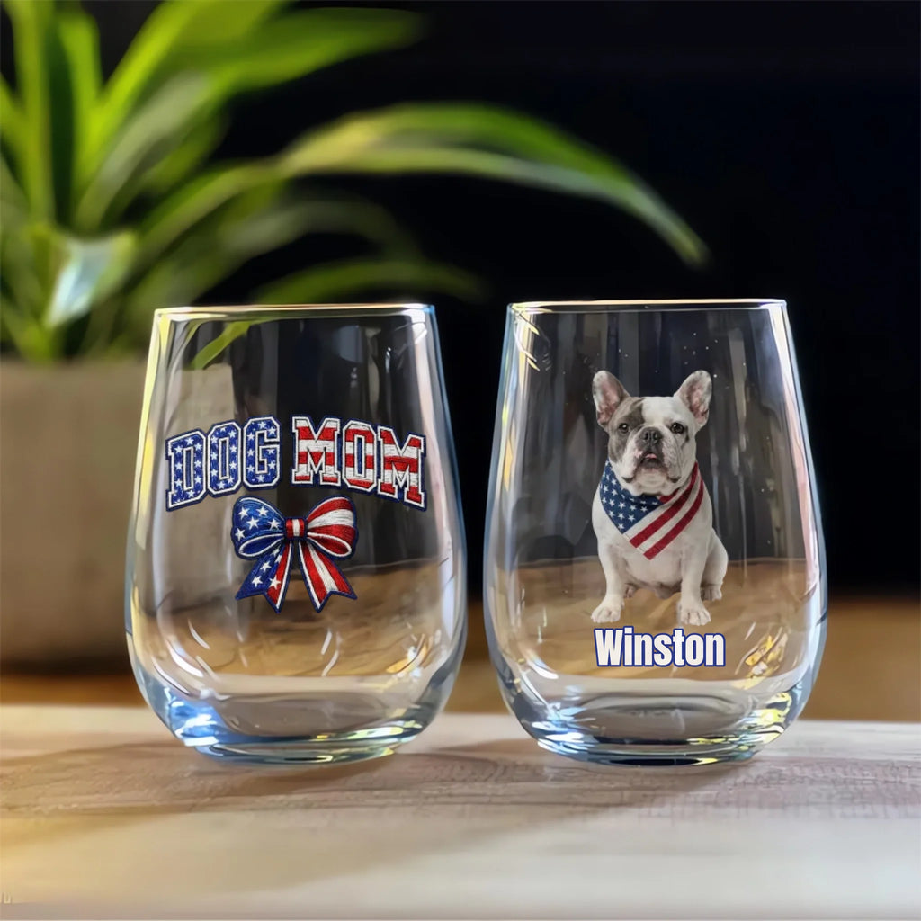 Dog Mom Varsity with Bow Wine Glass