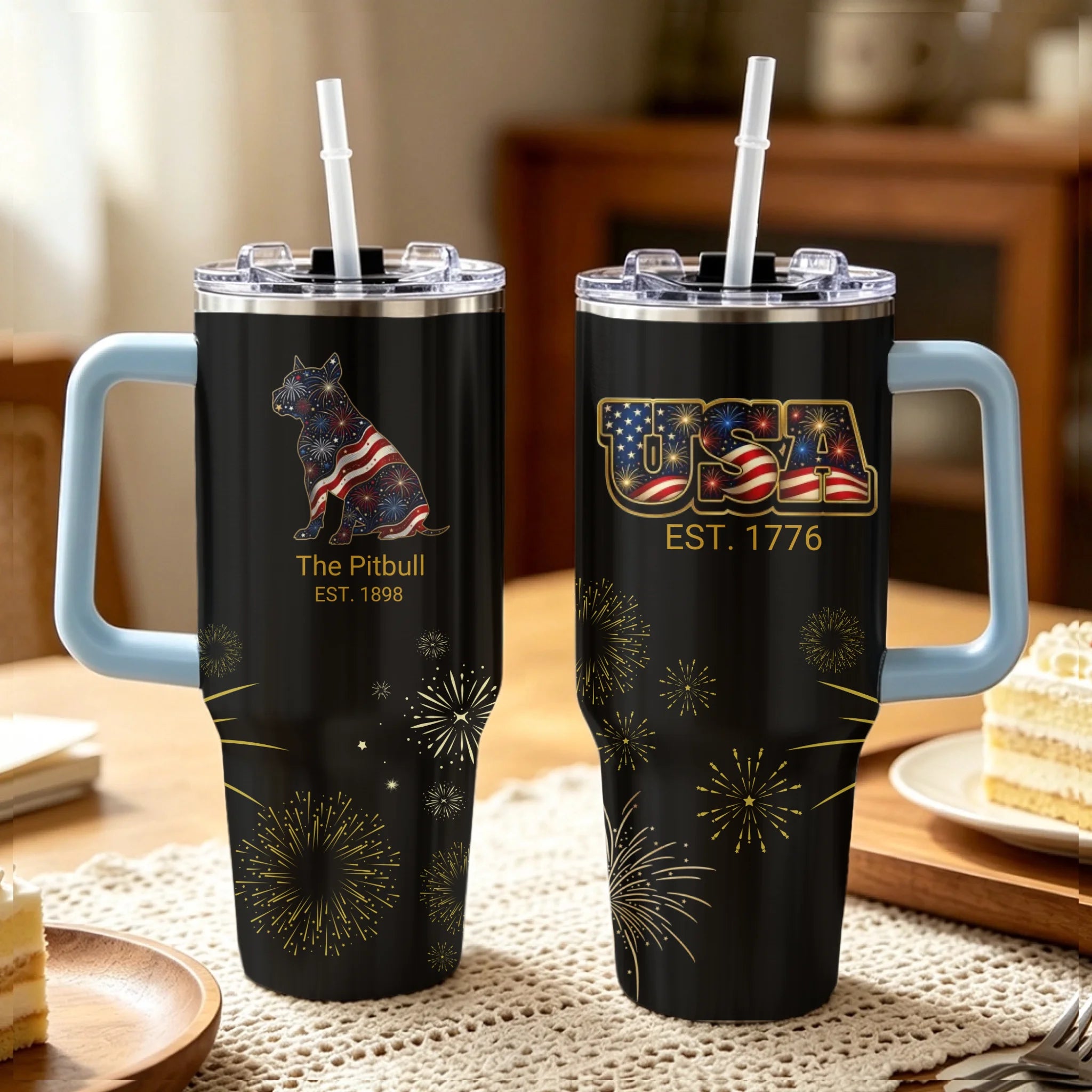 Pitbull Mom Personalized 40oz Tumbler — Custom Fireworks Design