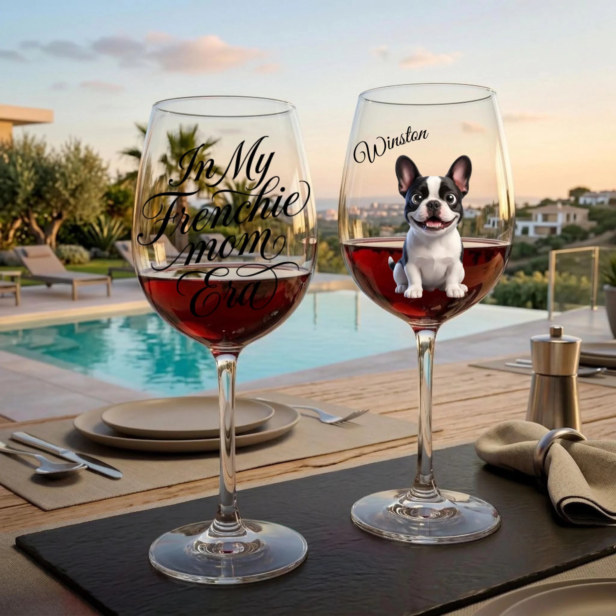 Two personalized wine glasses filled with red wine on a dining table by a pool at sunset. One glass has black script text reading 'The My Frenchie Mom Ewa' and the other has a black-and-white French Bulldog illustration labeled 'Winston'.