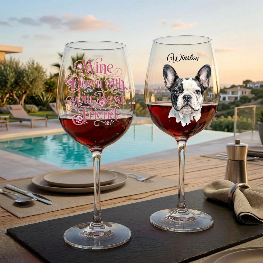 "Wine Down With Your Best Friend" Pink Flower Personalized Watercolor Portrait 16oz Wine Glass