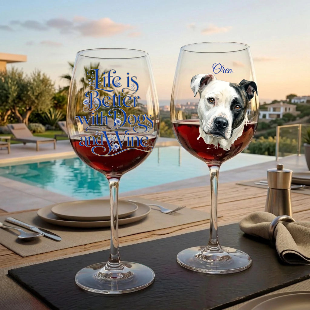 "Life is Better With Dogs and Wine" Blue or Pink Floral Personalized Watercolor Portrait 16oz Wine Glass