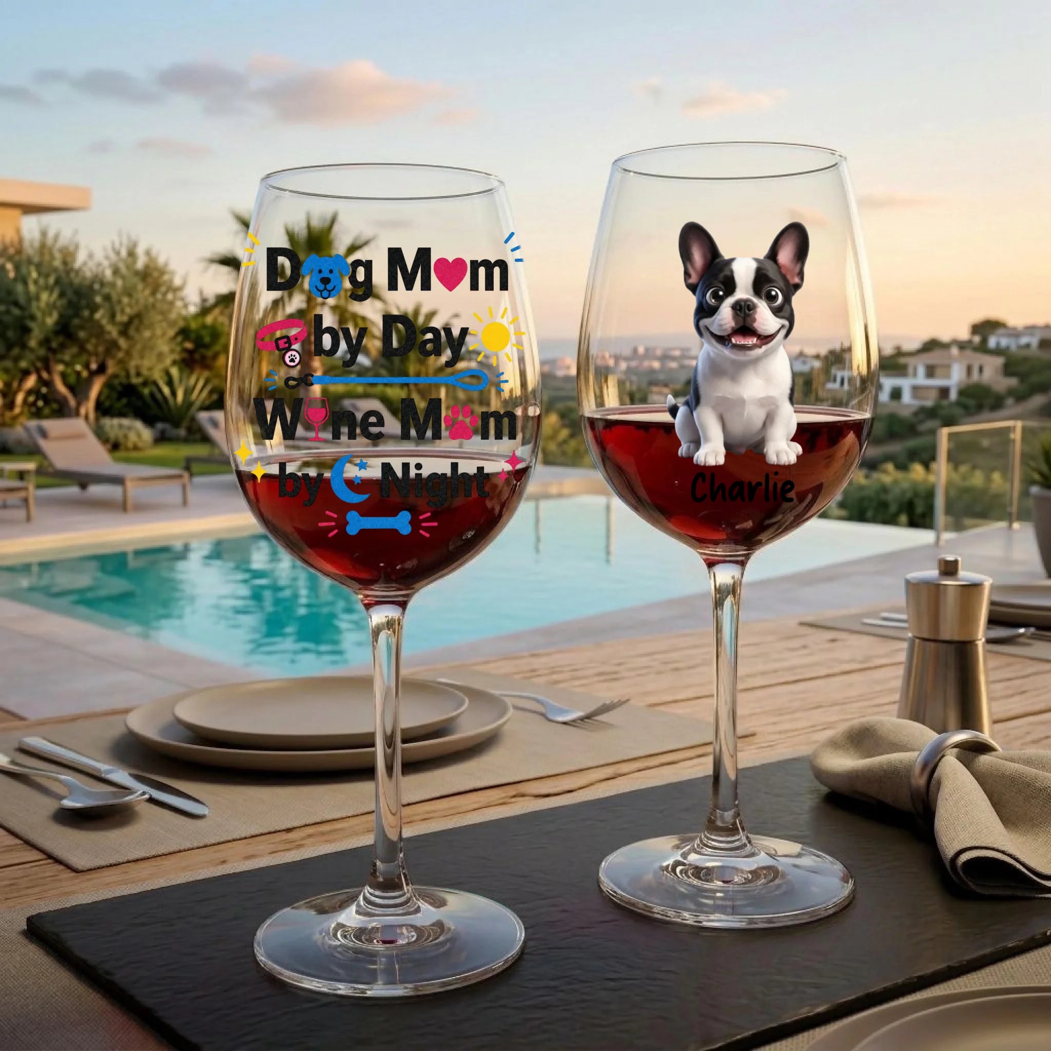 Dog Mom by Day, Wine Mom by Night Personalized Cartoon 16oz Wine Glass