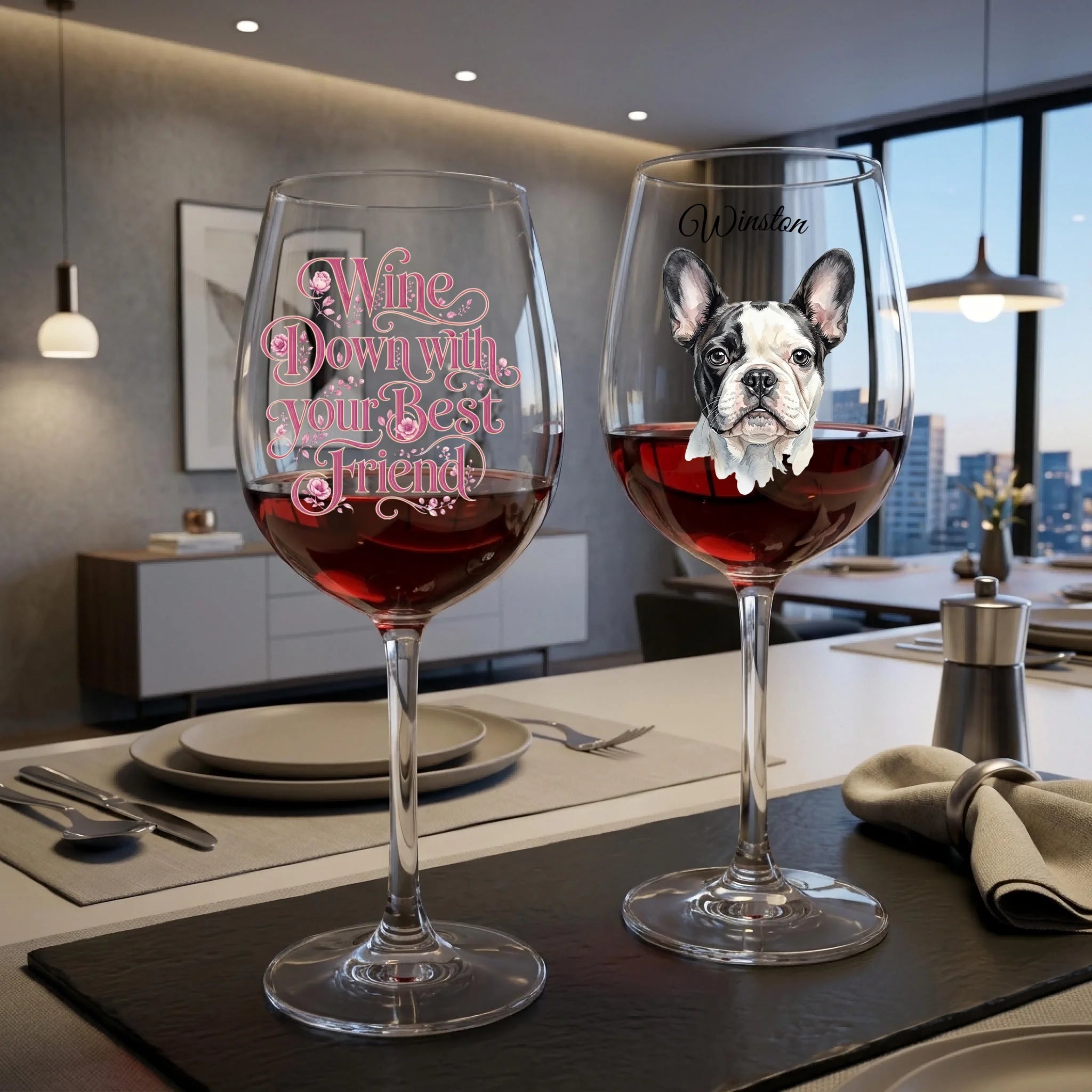 "Wine Down With Your Best Friend" Pink Flower Personalized Watercolor Portrait 16oz Wine Glass
