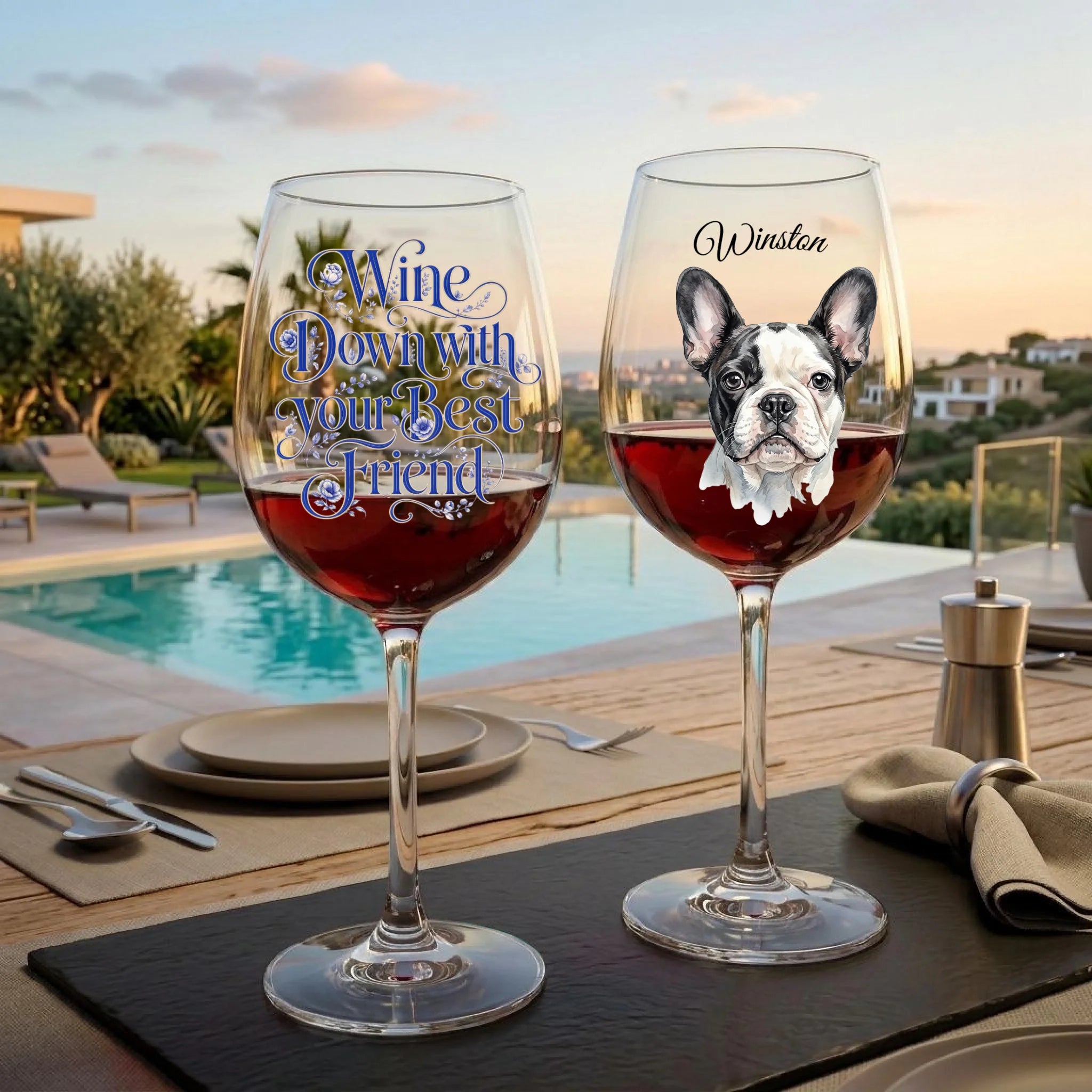 "Wine Down With Your Best Friend" Blue Flower Personalized Watercolor Portrait 16oz Wine Glass