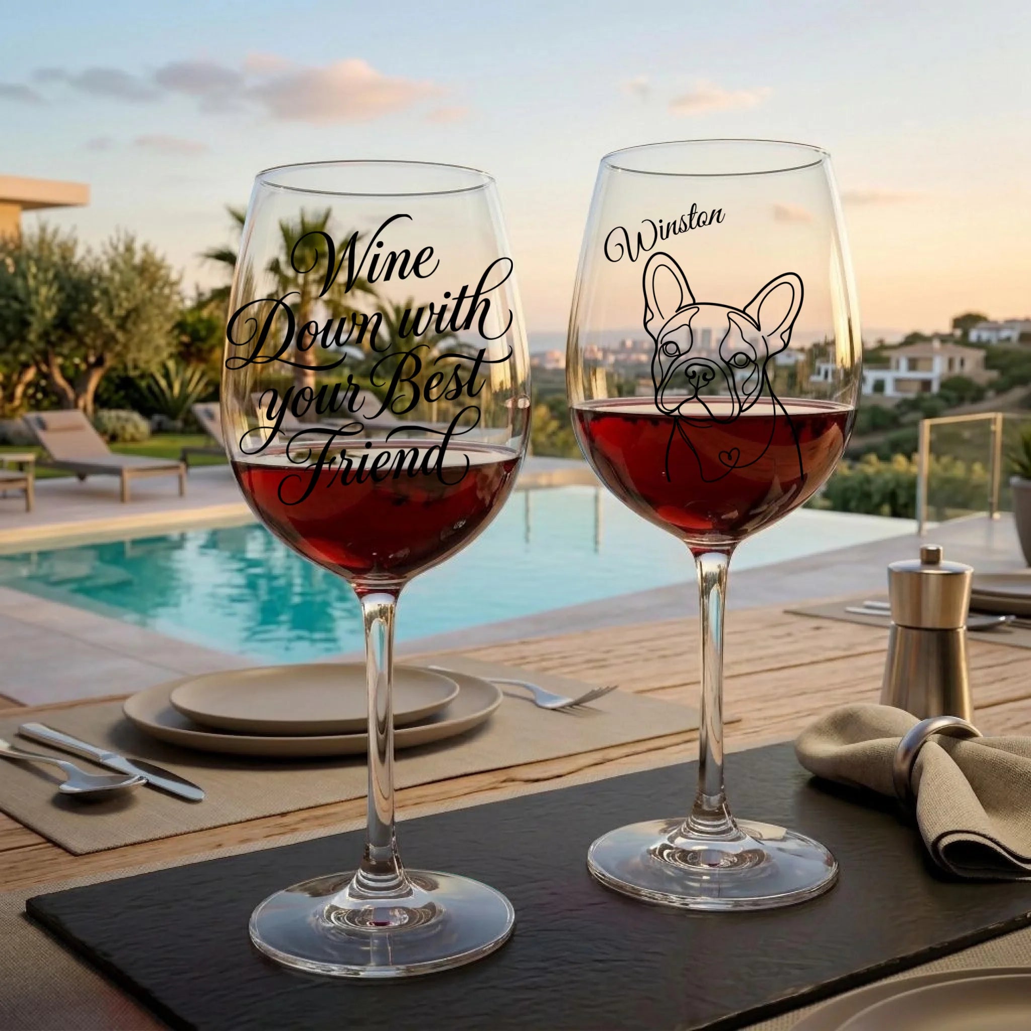 "Wine Down With Your Best Friend" Script Personalized Doodle 16oz Wine Glass