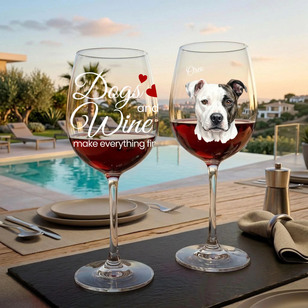 "Dogs and Wine Make Everything Fine" Fancy Personalized Watercolor White Font 16oz Wine Glass