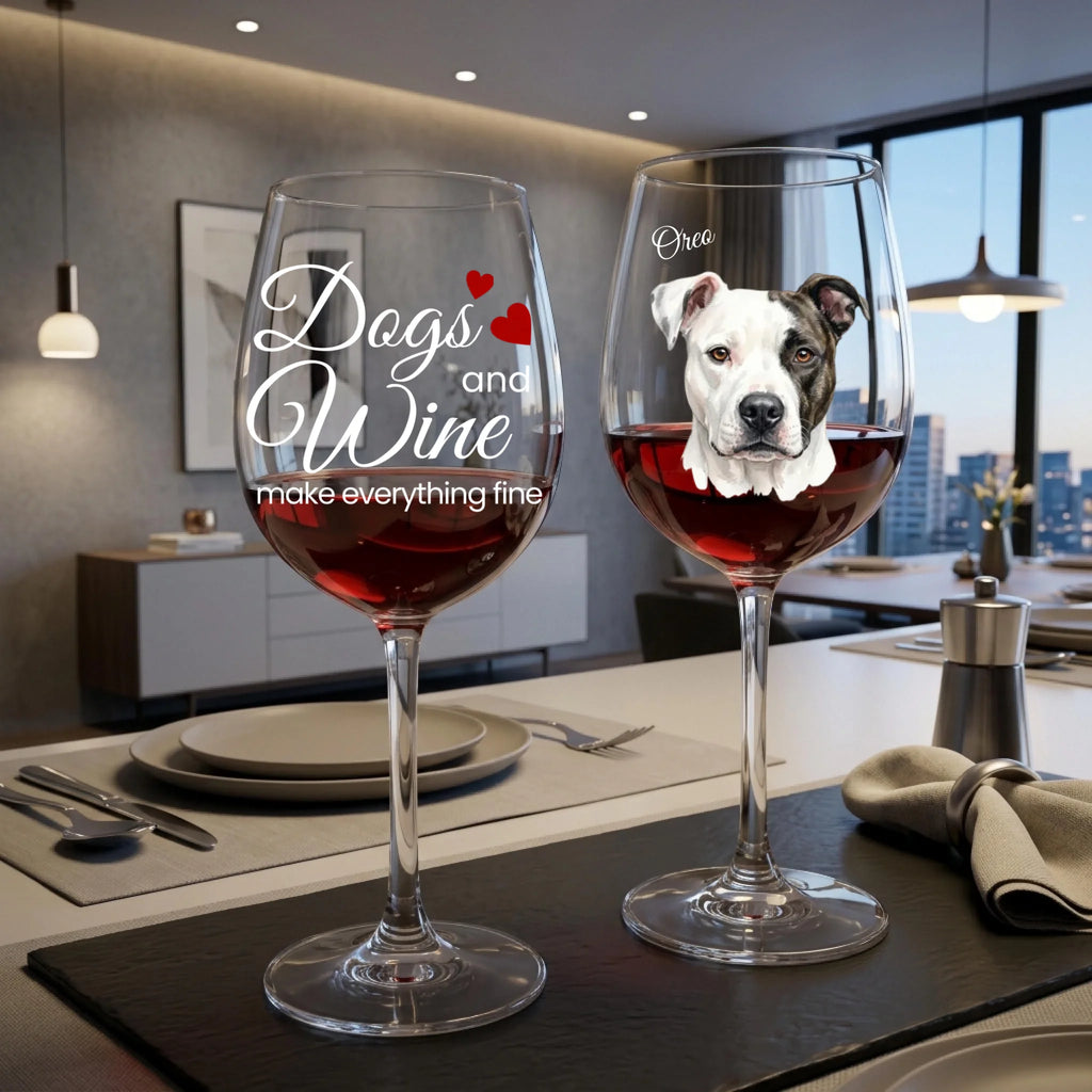 "Dogs and Wine Make Everything Fine" Fancy Personalized Watercolor White Font 16oz Wine Glass