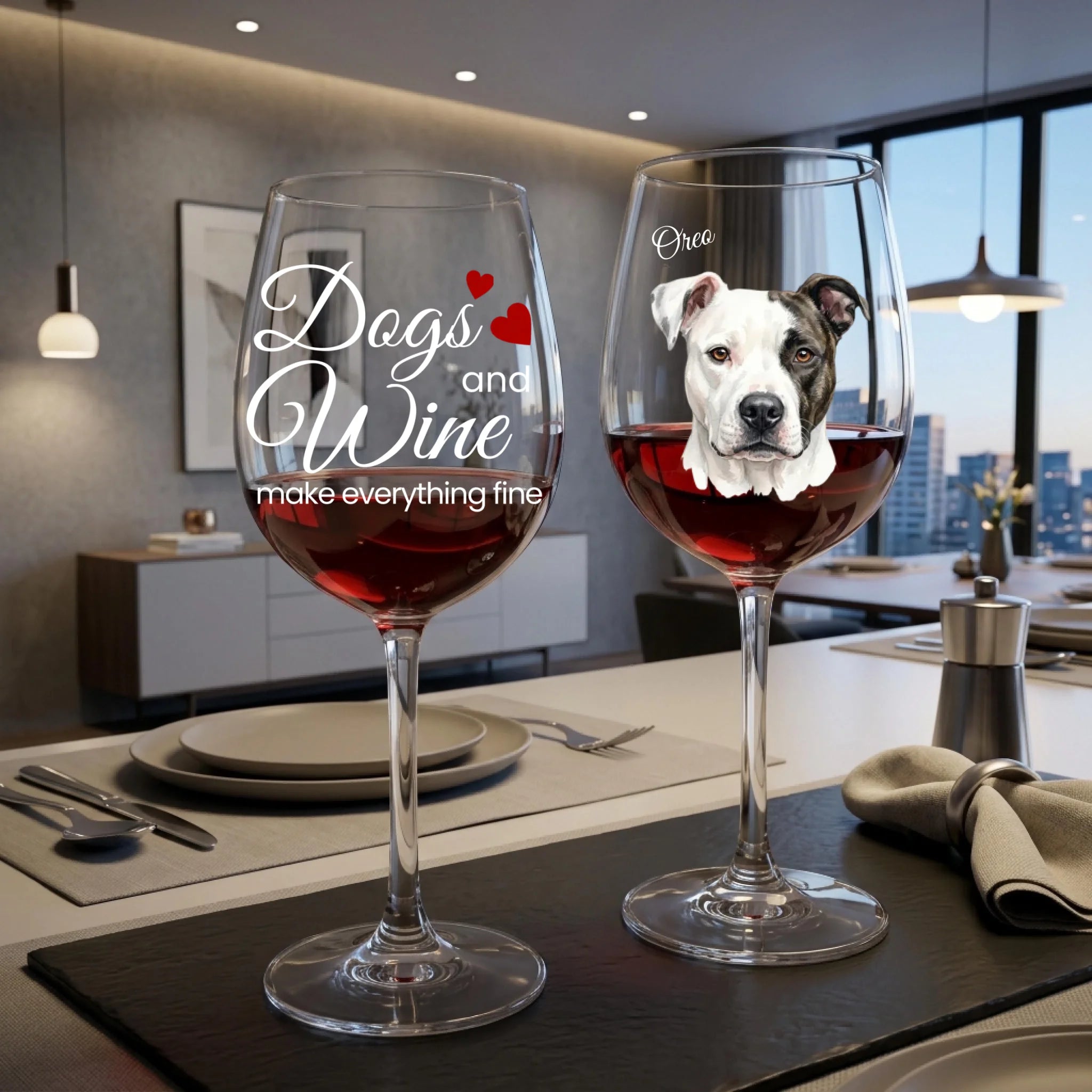 "Dogs and Wine Make Everything Fine" Fancy Personalized Watercolor White Font 16oz Wine Glass