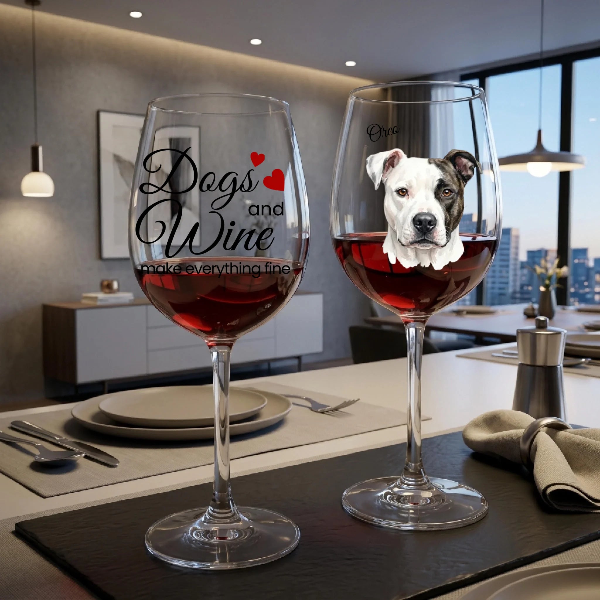 "Dogs and Wine Make Everything Fine" Fancy Personalized Watercolor Black Font 16oz Wine Glass