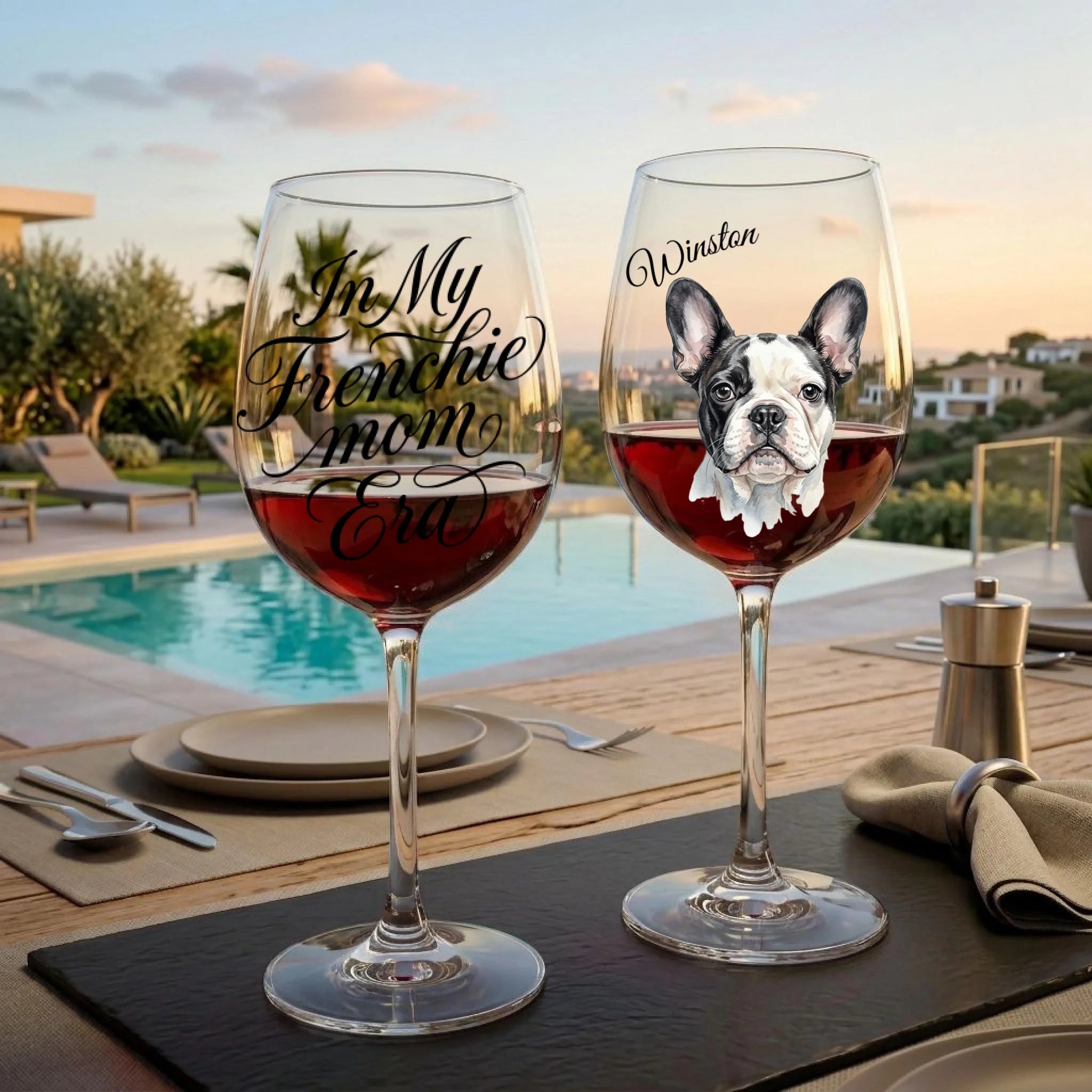 "In My Frenchie Mom Era" Script Personalized Watercolor 16oz Wine Glass