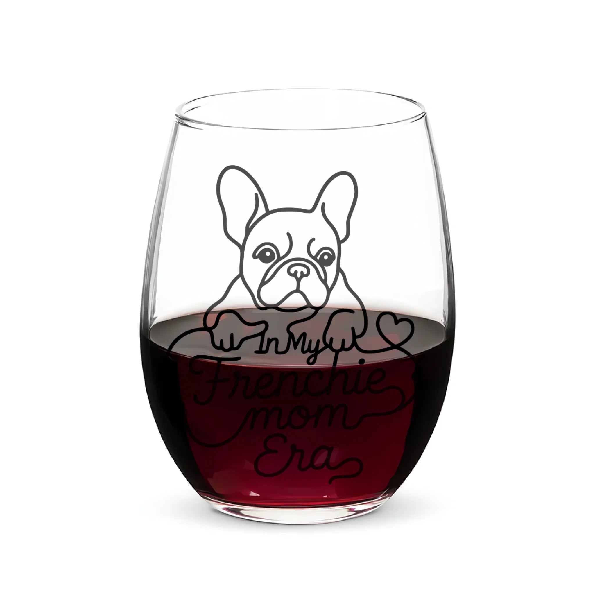 "In My Frenchie Mom Era" Personalized Doodle 15oz Stemless Wine Glass