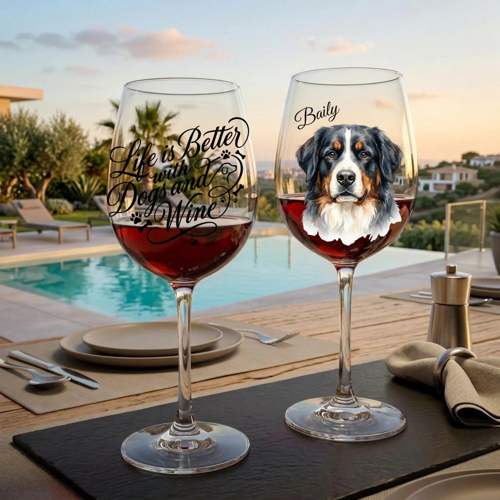 "Life is Better With Dogs and Wine" Script Personalized Watercolor 16oz Wine Glass