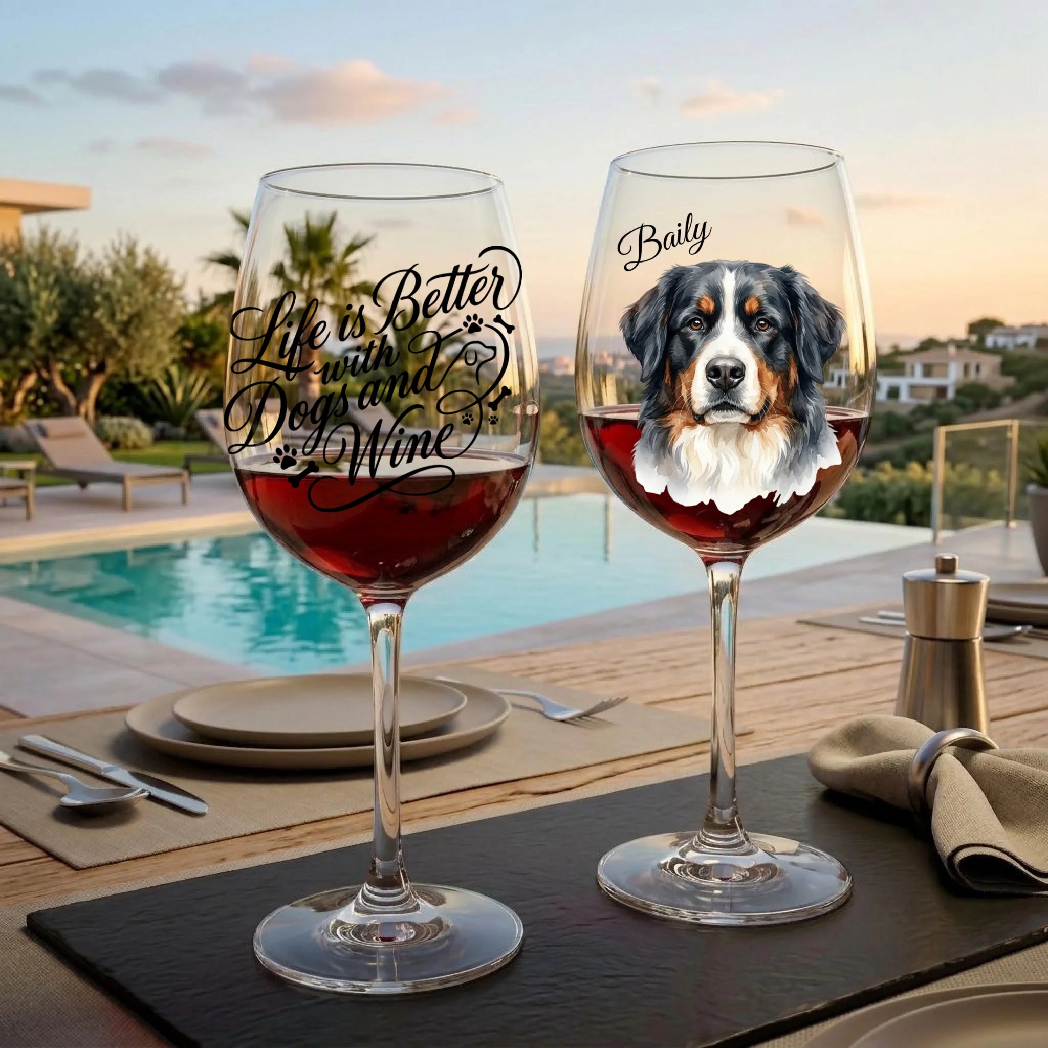 "Life is Better With Dogs and Wine" Script Personalized Watercolor 16oz Wine Glass