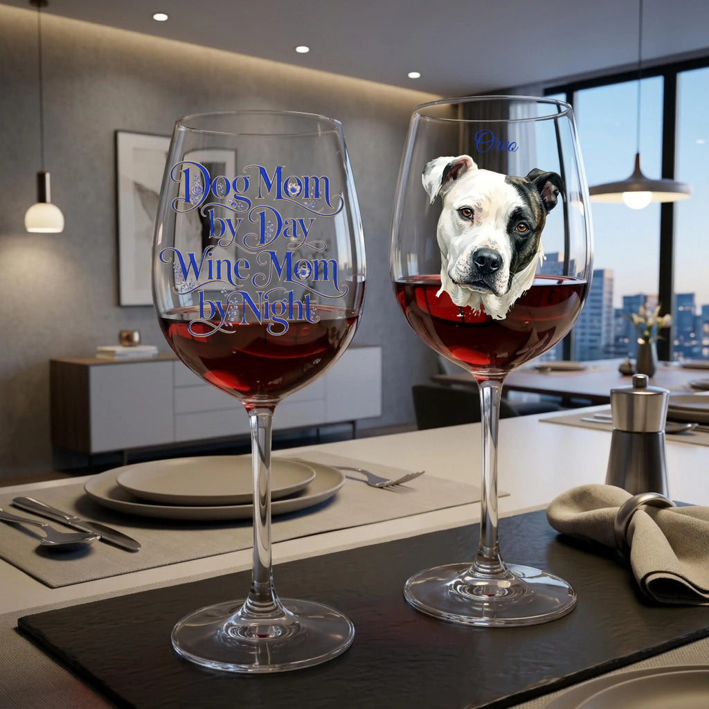 "Dog Mom by Day, Wine Mom by Night" Floral Blue or Pink Script Personalized Watercolor Portrait 16oz Wine Glass