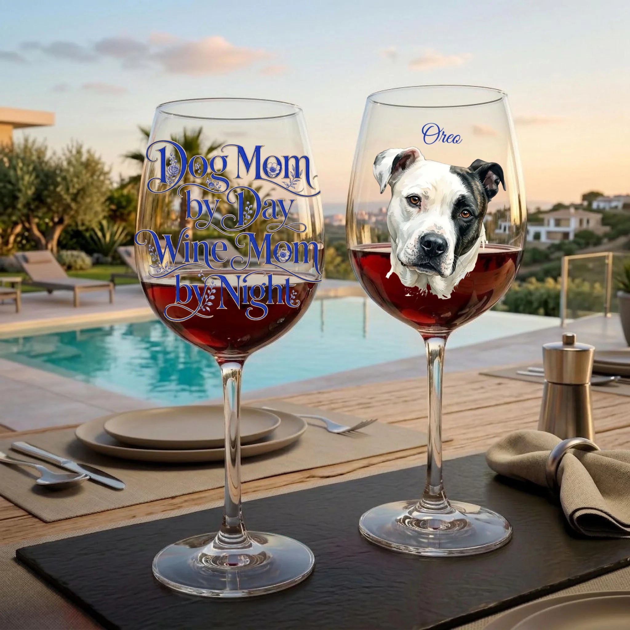 "Dog Mom by Day, Wine Mom by Night" Floral Blue or Pink Script Personalized Watercolor Portrait 16oz Wine Glass
