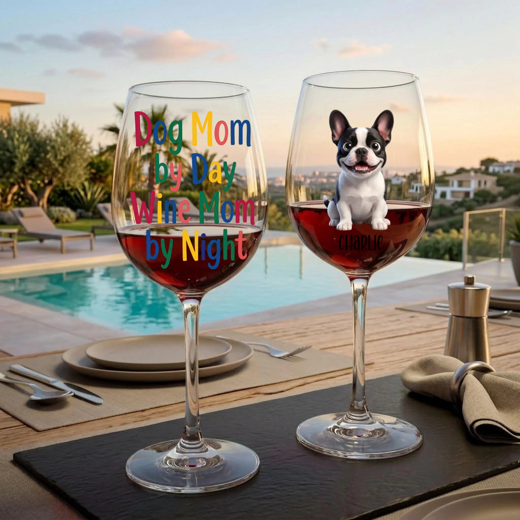 "Dog Mom by Day, Wine Mom by Night" Fun Personalized Cartoon Portrait 16oz Wine Glass