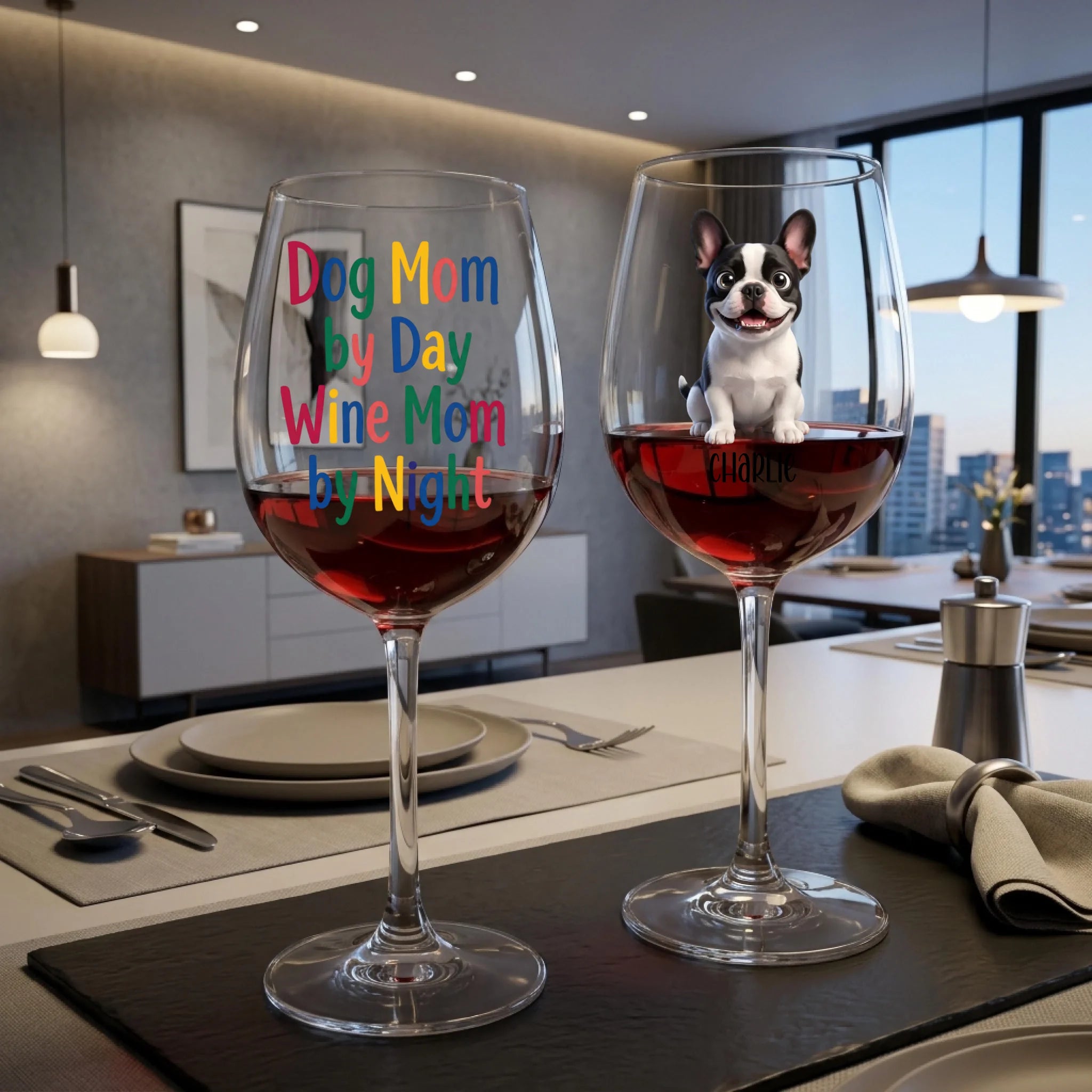 "Dog Mom by Day, Wine Mom by Night" Fun Personalized Cartoon Portrait 16oz Wine Glass