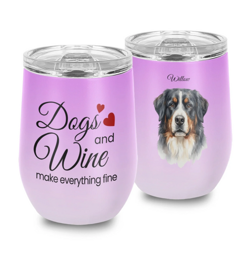Two lavender insulated stemless wine cups with clear lids on a white background. The left cup has the text 'Dogs and Wine make everything fine' with two red hearts.