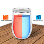 Two-toned tumbler with red and blue layers on a wooden surface, showing temperature test results.
