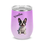 A light purple insulated stainless steel tumbler with a clear lid, featuring a printed black and white Boston Terrier dog and the name 'Winston' in black script.
