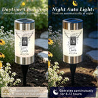 A solar light with description of charging time 6 - i hours in sunlight and operation time for 8 - 12 hours with a personalized image for pet memorial