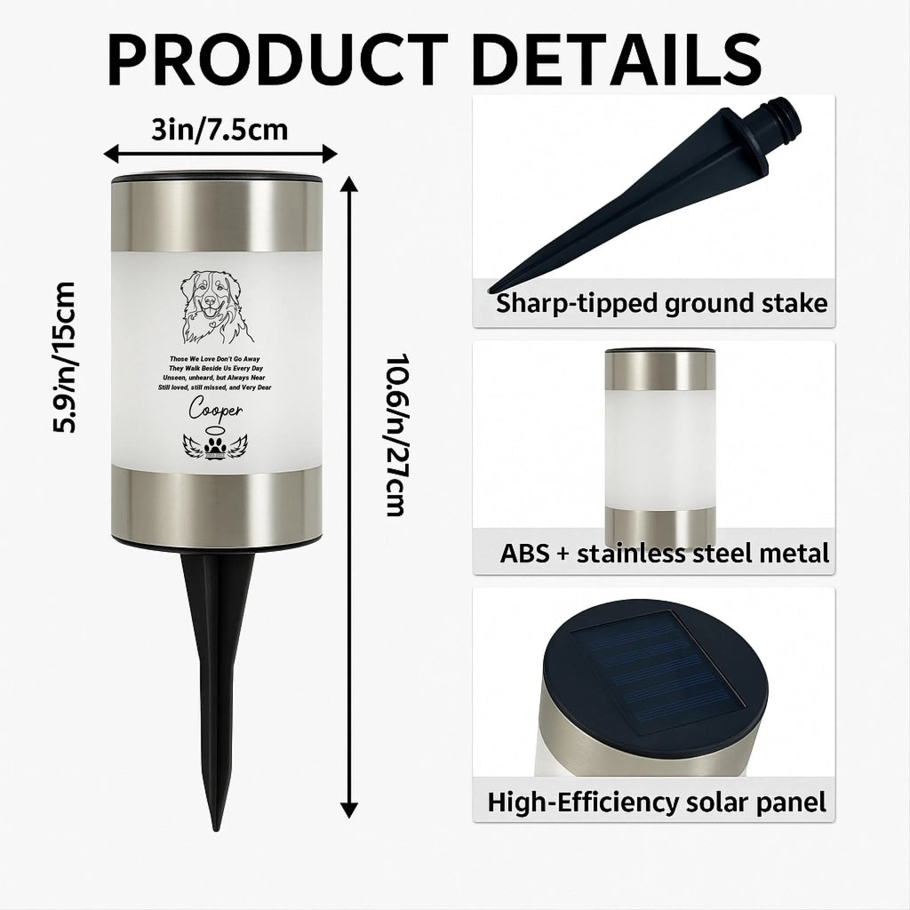 Product details infographic for a personalized solar pet memorial garden stake. The main image shows the memorial light with dimensions labeled (3in/7.
