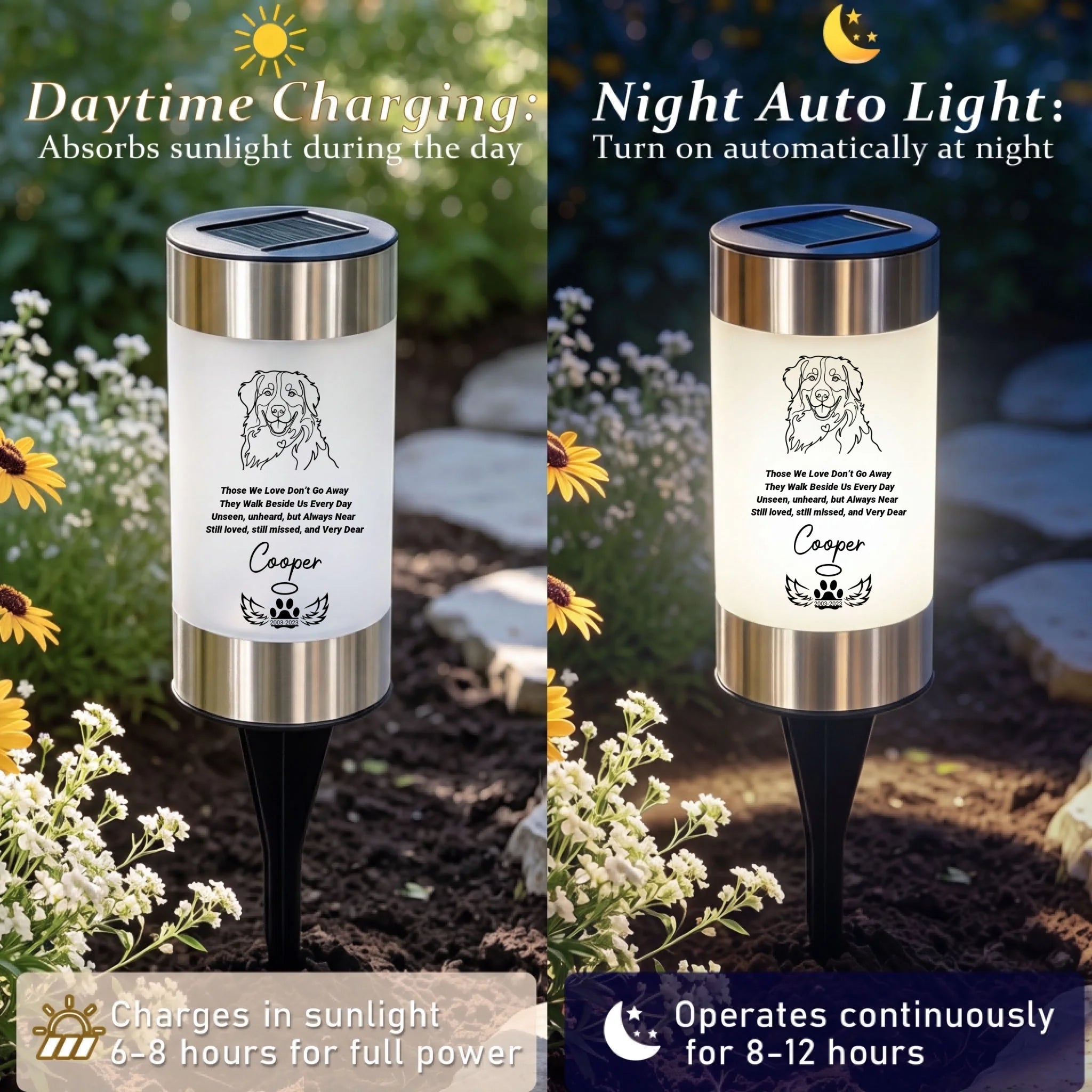 A split-screen comparison showing a solar-powered garden light in daylight on the left and at night on the right. The cylindrical lamp has a white body with black text and illustration, a dark blue solar panel on top, and a black stake.