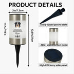 Product details infographic for a personalized pet memorial garden stake. The main image shows the full 10.