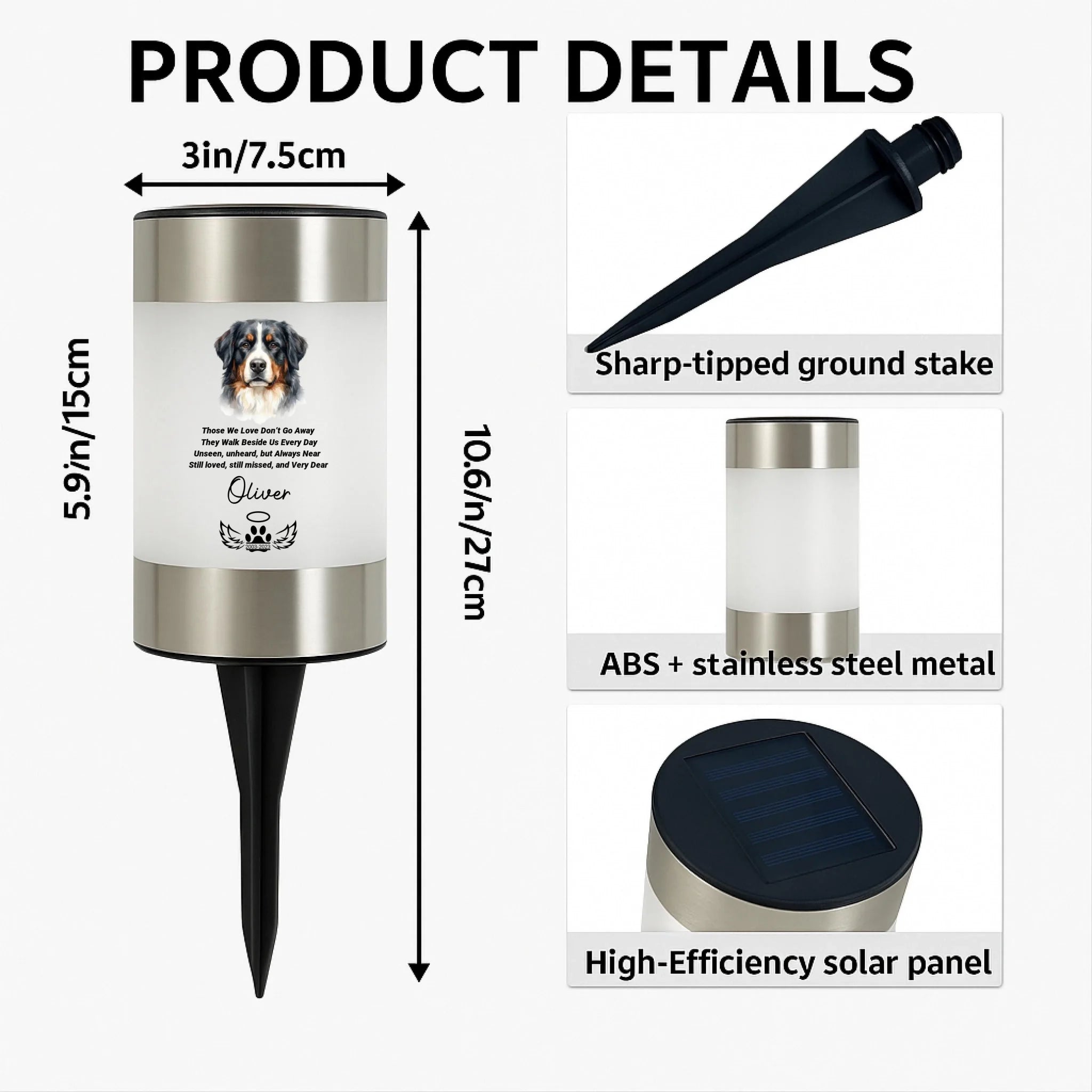 Product details infographic for a personalized pet memorial garden stake. The main image shows the full 10.