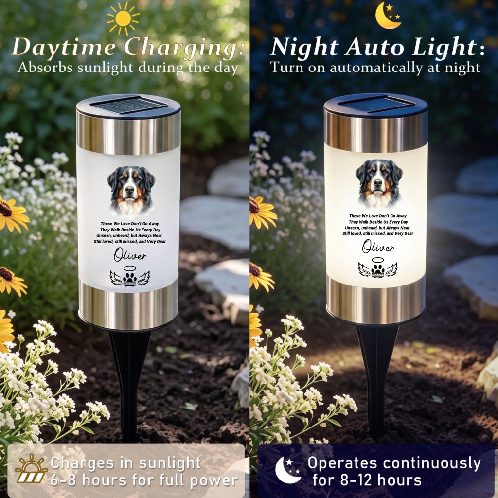A split-screen product demonstration of a solar-powered outdoor light with a Bernese mountain dog portrait and custom text. The left side shows daytime charging in a sunny garden, and the right side shows nighttime auto-light operation in a darker garden setting.