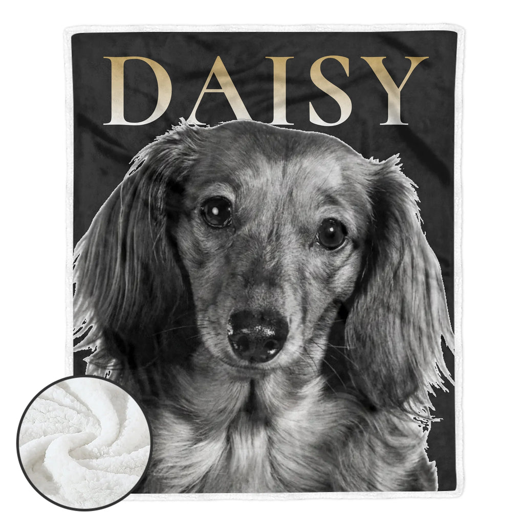 A personalized pet blanket featuring a black and white photograph of a dachshund with the name 'DAISY' printed in gold at the top. A circular inset in the bottom-left corner shows the soft white sherpa backing of the blanket.