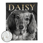A personalized pet blanket featuring a black and white photograph of a dachshund with the name 'DAISY' printed in gold at the top. A circular inset in the bottom-left corner shows the soft white sherpa backing of the blanket.