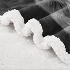 Close-up of a plush fleece blanket with a white sherpa-like underside and a dark charcoal/black top side, folded to show the soft texture.