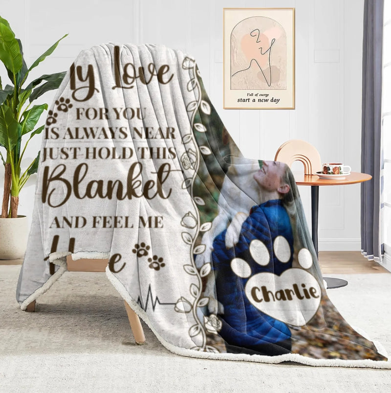 A personalized pet memorial throw blanket draped over a chair in a bright living room. The blanket features a custom photo of a person in a blue jacket, a white paw print with the name 'Charlie', a heart-shaped patch, and brown text reading 'My Love FOR YOU IS ALWAYS NEAR JUST HOLD THIS Blanket AND FEEL ME'.