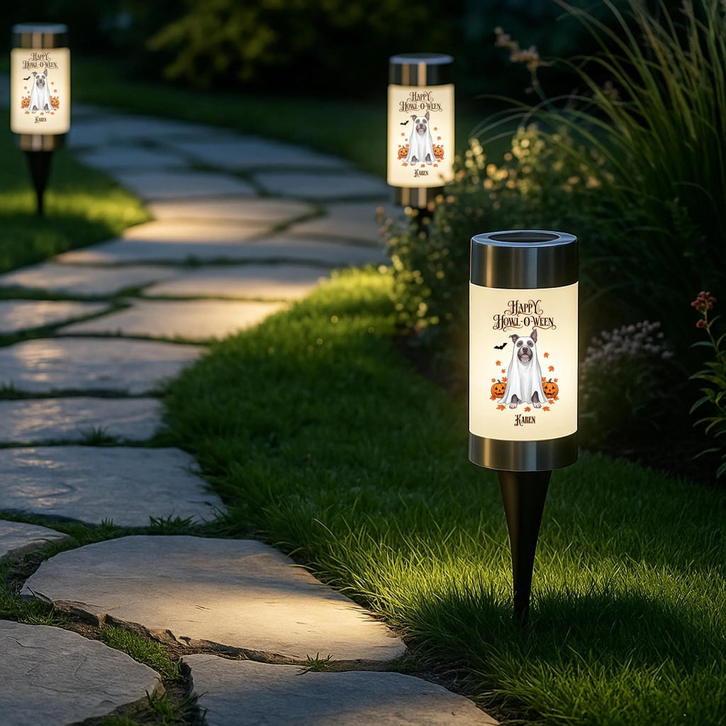 Three outdoor solar pathway lights with a warm white glow, featuring a printed illustration of a Jack Russell Terrier and the text 'Happy Hen-Omen' and 'Good', planted along a stone path in a landscaped garden.