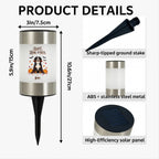 Product details graphic for a Halloween-themed solar ground stake lamp. The main product is shown on the left with dimensions labeled: 3 in / 7.