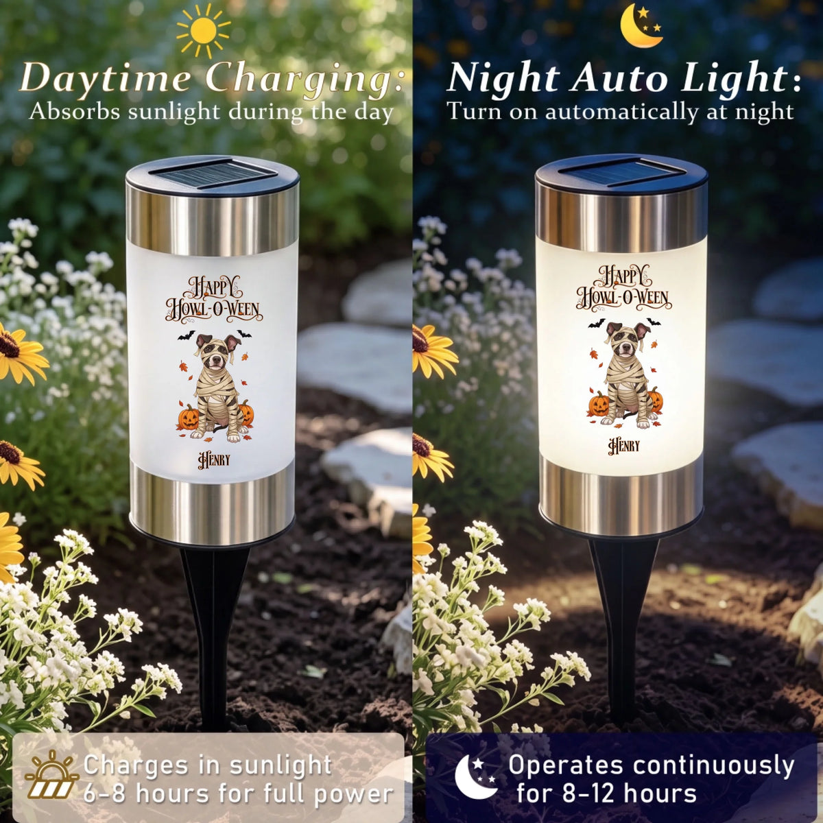 A split-screen comparison showing a solar-powered garden light in daylight on the left and at night on the right. The cylindrical lamp has a white body with black text and illustration, a dark blue solar panel on top, and a black stake.
