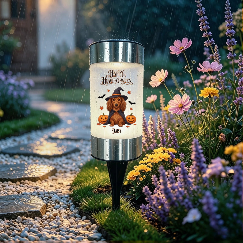 "Happy Howl-O-Ween" Personalized Dog Witch Solar Pathway Light | Custom Halloween Pet Gift