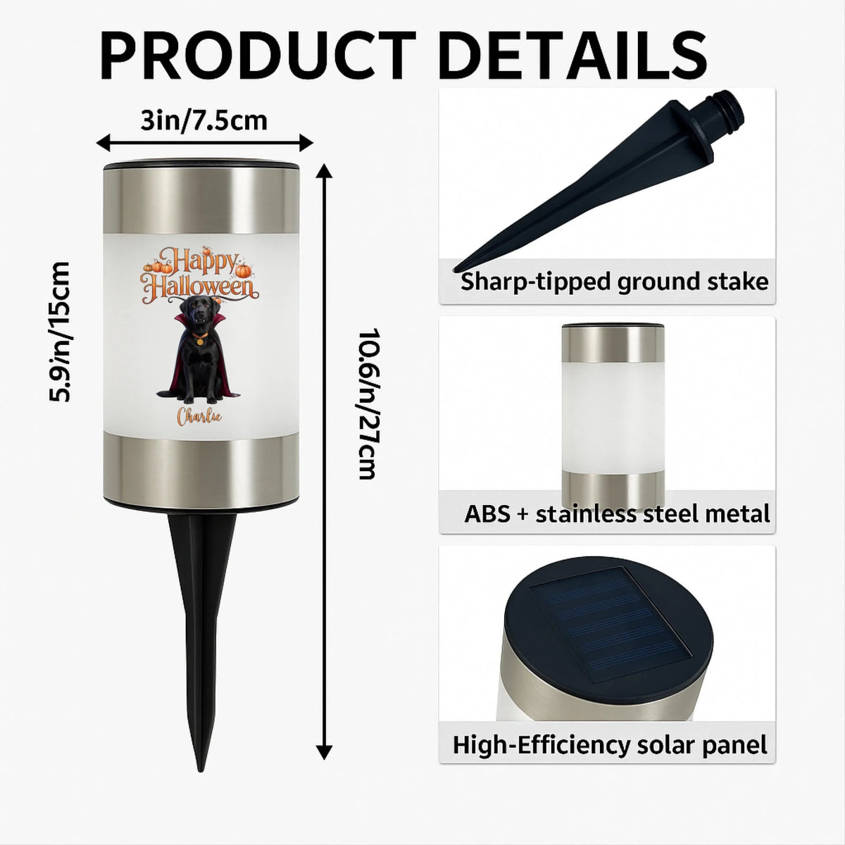 Product details graphic for a Halloween-themed solar ground stake light. The main product is shown on the left with dimensions labeled (3in/7.