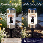 A split-screen comparison showing a solar-powered Halloween garden light in daylight and nighttime. The left side shows the light charging in sunlight outdoors with flowers and garden soil, labeled 'Daytime Charging.