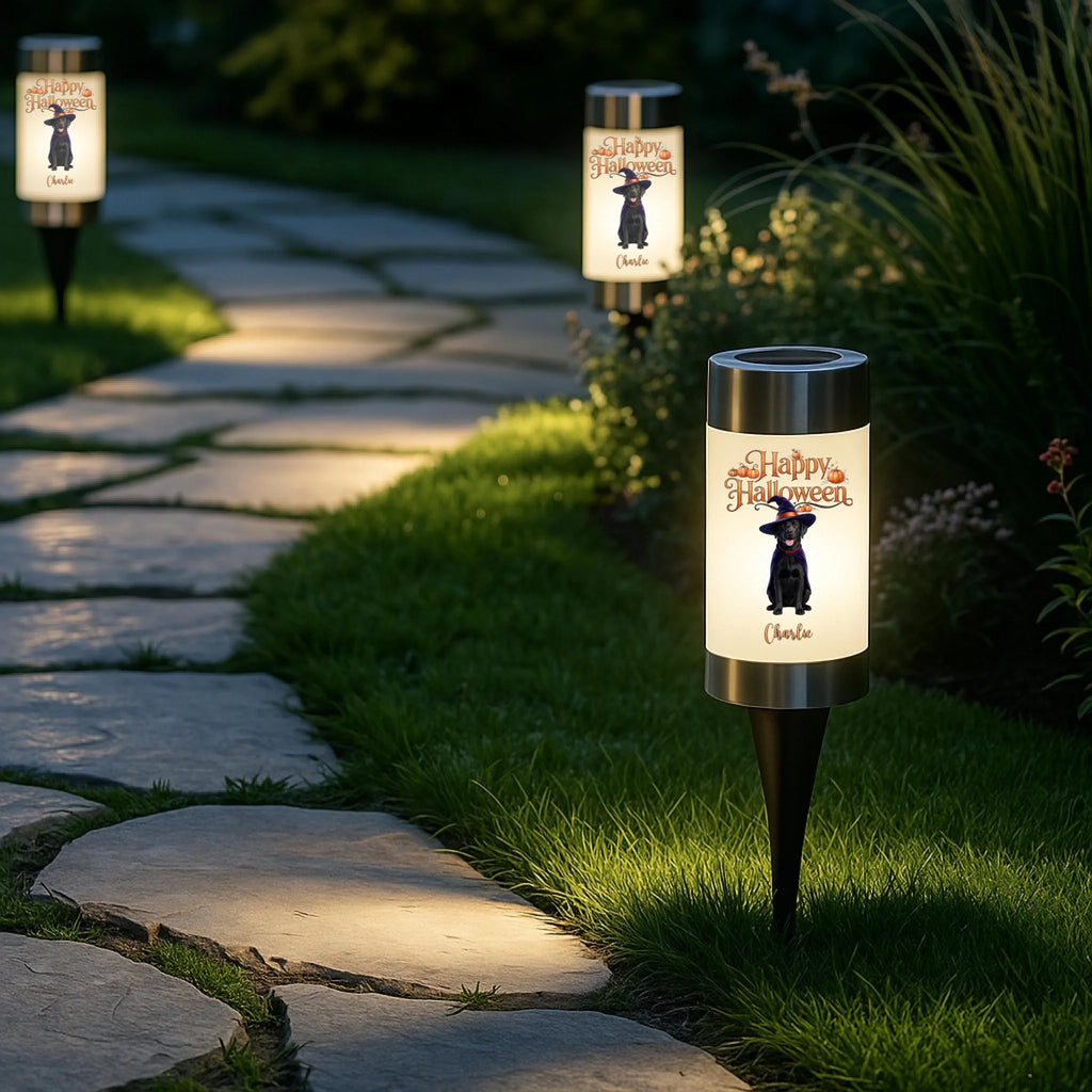 Three outdoor solar garden lights with a warm white glow, featuring a black and white dog illustration and the text 'Happy Hounds Owns' on a stone path in a landscaped garden.