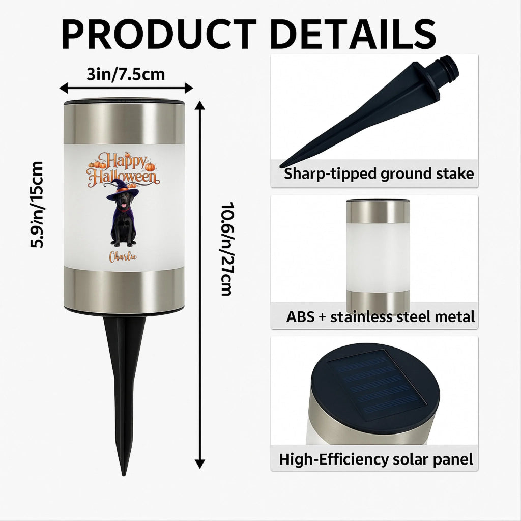 Product details graphic for a Halloween solar ground stake light, showing the full product with dimensions, a close-up of the sharp-tipped stake, the cylindrical ABS and stainless steel body with a custom black cat and orange 'Happy Halloween' graphic, and a close-up of the solar panel top.