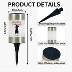 Product details graphic for a Halloween solar ground stake light, showing the full product with dimensions, a close-up of the sharp-tipped stake, the cylindrical ABS and stainless steel body with a custom black cat and orange 'Happy Halloween' graphic, and a close-up of the solar panel top.