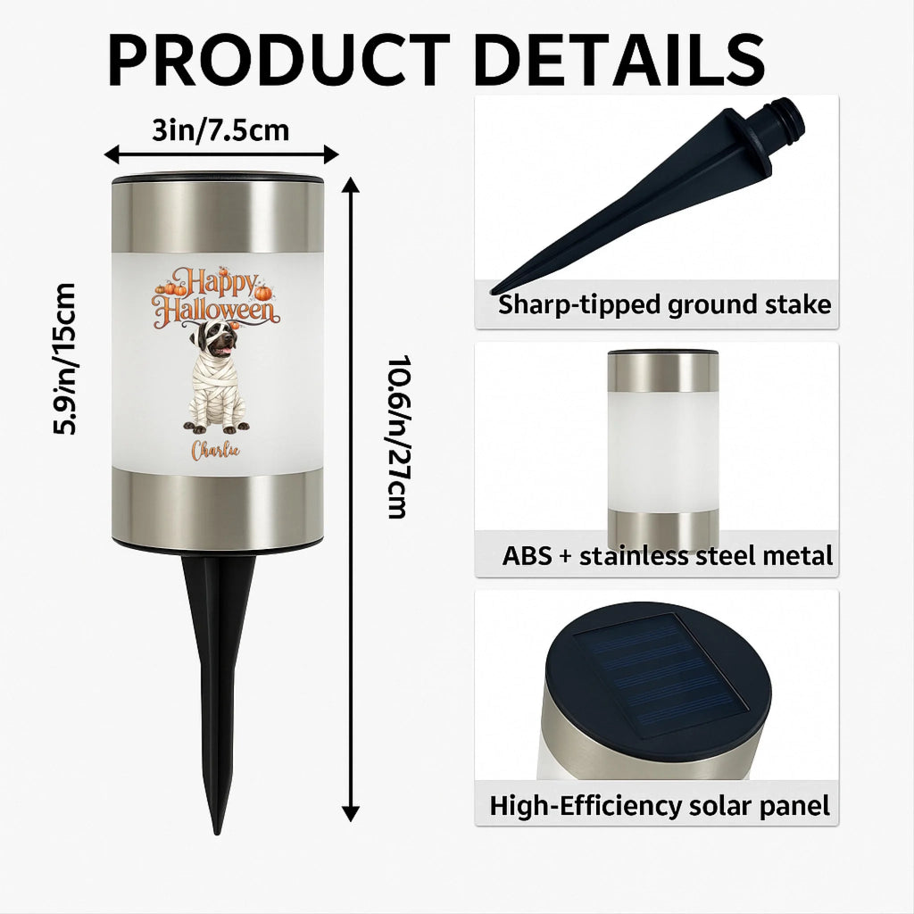 Product details infographic for a personalized Halloween solar ground stake. The main image shows a stainless steel and ABS plastic cylinder with a custom 'Happy Halloween Charlie' dog print, alongside dimension lines indicating 3in/7.