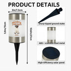 Product details infographic for a personalized Halloween solar ground stake. The main image shows a stainless steel and ABS plastic cylinder with a custom 'Happy Halloween Charlie' dog print, alongside dimension lines indicating 3in/7.