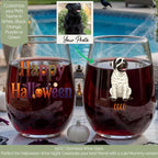 Customer's dog photo beside a personalized Halloween stemless wine glass showing it turned into a watercolor mummy-costume dog