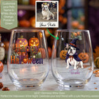 Customer's dog photo beside a personalized Halloween stemless wine glass showing it turned into a watercolor witch-costume dog