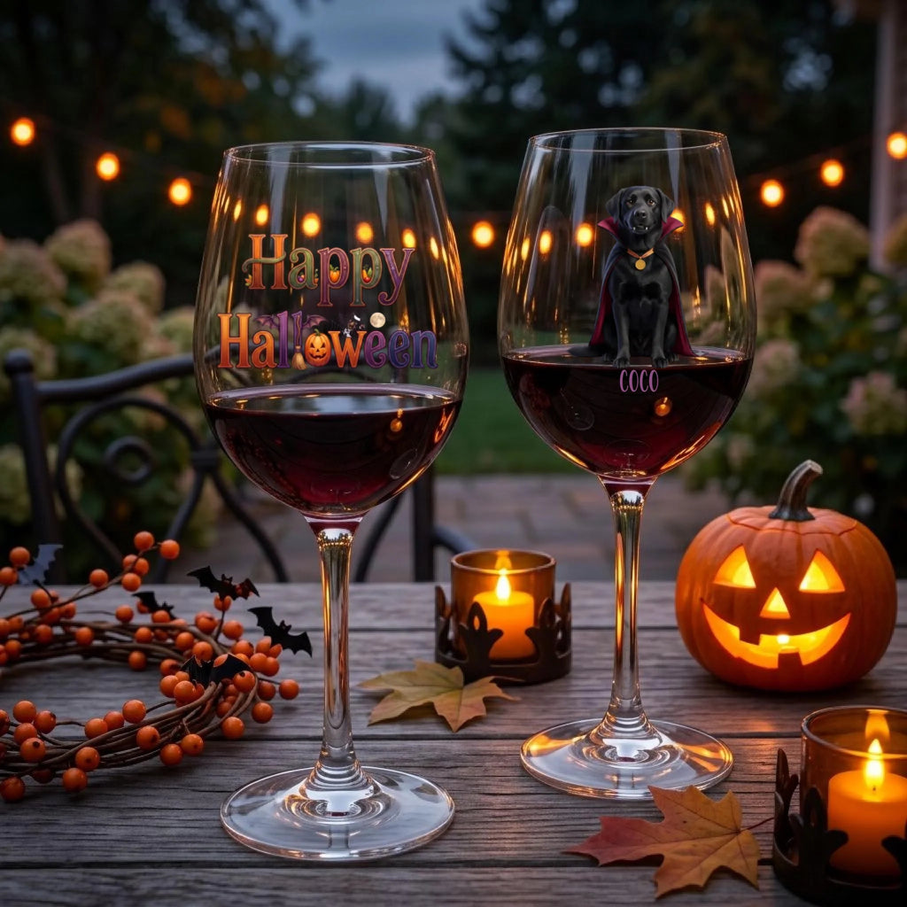 Two wine glasses filled with red wine on a wooden table at dusk, decorated for Halloween. The left glass has 'Happy Halloween' in colorful lettering, and the right glass features a black dog wearing a red cape with 'xxxxx' below.