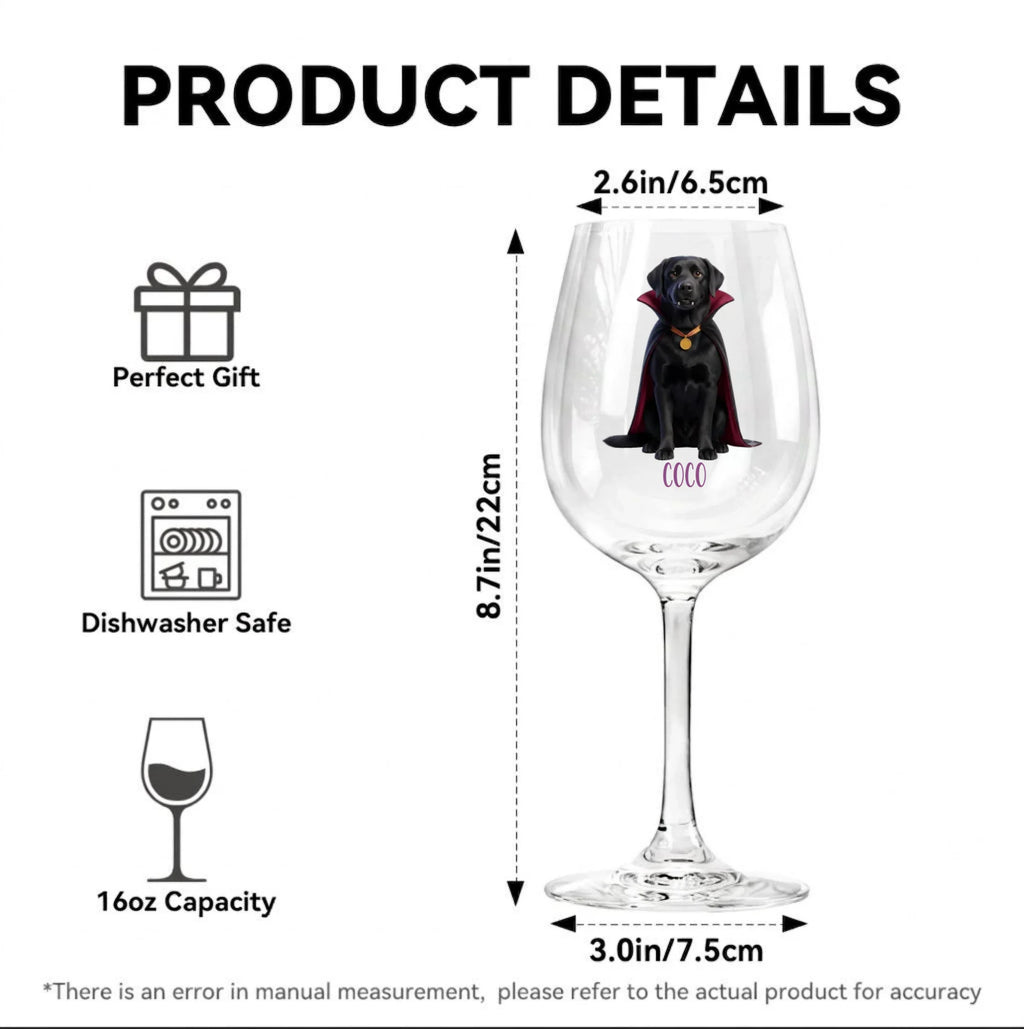 Product details graphic for a clear wine glass featuring a black dog illustration with a red cape and gold collar. The image includes dimension labels (2.